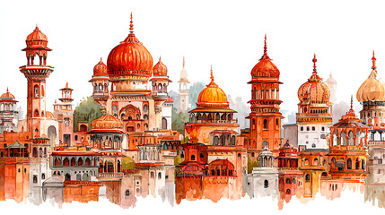 A watercolor vector illustration of an Indian city skyline