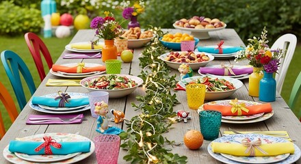 Festive Outdoor Dining Table with Colorful Decorations and Delicious Food.