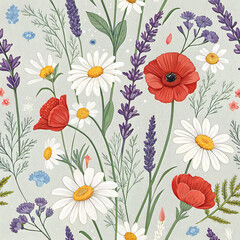 seamless floral background, Colorful wildflower garden pattern with daisies, lavender, and poppies, seamless botanical