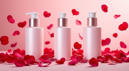 Cosmetic bottles adorned with rose petals for a luxurious and romantic skincare experience