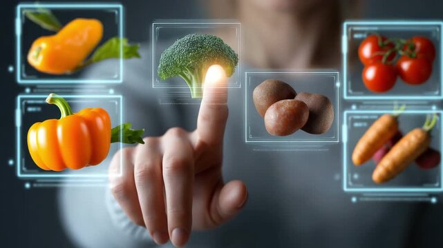 A woman selecting a nutritious meal selection on a virtual screen promoting the idea of balanced nutrition, video