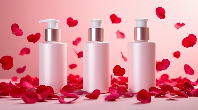 Cosmetic bottles adorned with rose petals for a luxurious and romantic skincare experience