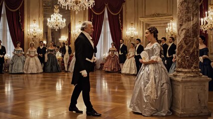 Bright chandeliers illuminate a lavish ballroom. Guests in historical attire dance with elegance and poise, showcasing their refined skills and stunning outfits during a magnificent evening event.