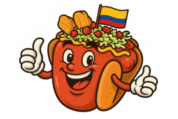 Happy hot dog mascot giving thumbs up, featuring colombian flag and toppings. Vibrant cartoon character on transparent background
