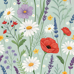 seamless floral background, Colorful wildflower garden pattern with daisies, lavender, and poppies, seamless botanical
