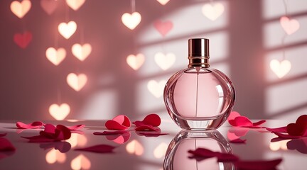 Elegant glass perfume bottle with a soft pink hue, surrounded by delicate rose petals and bokeh heart lights