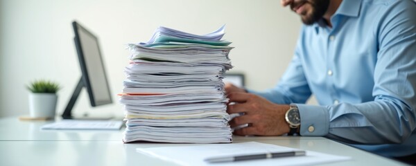 Man with beard wears blue shirt, works at desk with tall paper stack. Computer screen visible. Office environment, business workflow, paperwork.
