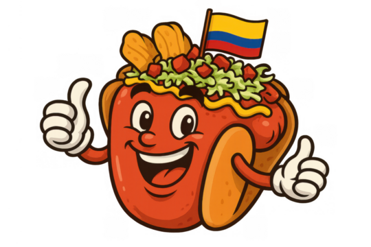 Happy hot dog mascot giving thumbs up, featuring colombian flag and toppings. Vibrant cartoon character on transparent background - Powered by Adobe
