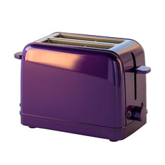 Shiny purple toaster with chrome accents sits on a transparent background illuminated by warm ambient light casting soft reflections on its polished surface
