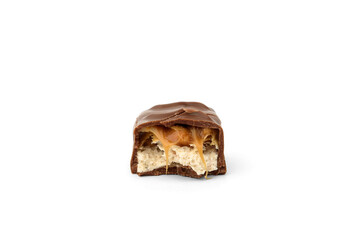 Chocolate bar with nougat, caramel and peanut isolated on white background.