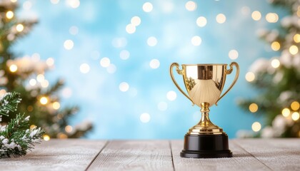 Celebratory award ceremony featuring a golden trophy festive christmas background luxury decor indoor setting close-up view recognition of achievements in life
