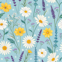 Colorful Wildflower Pattern Featuring Daisies, Lavender, and Buttercups on Light Blue