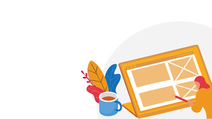 Designer sketching a website wireframe on a laptop showcasing a creative process for digital product development and user interface design