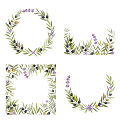 Set of olive branches wreaths. Natural mediterranean frames with lavender. Watercolor botanical herbs border.