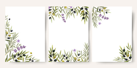 Delicate mediterranean frames with lavender and olives. Watercolor herbs border. For wedding invitations, greeting cards, posters