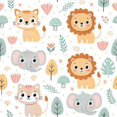 Cute baby animal doodle pattern featuring lions, cats, elephants and foxes in pastel tones, seamless kids background