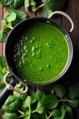 Spinach soup base in a pot, simmering with herbs and spices Bird s eye view looking down into a pot on a stovetop with a vibrant green spinach soup base simmering. Visible herbs and spices, soft steam