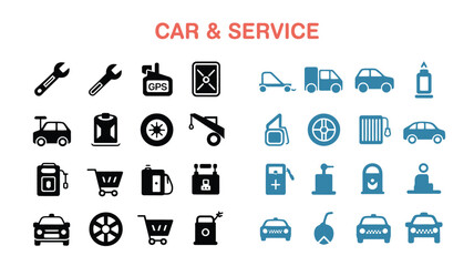 Car and service icon set in black and blue with tools, vehicles, fuel, maintenance symbols and automotive repair elements
