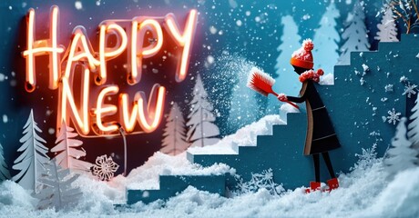 Winter scene depicts person clearing snow from steps. Bright neon sign displays Happy New message. Snowy landscape, festive mood.