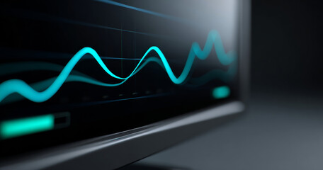 Close-up of a glowing blue line graph on a dark digital screen showing fluctuating data trends in a modern technology environment