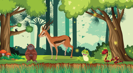 Forest or rainforest scene with tiger family