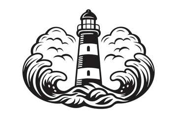 A monochrome lighthouse stands firm amidst stylized waves and soaring birds in format © Sonda