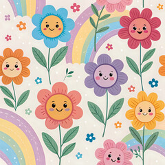 seamless floral pattern, Cute Cartoon Flower Pattern for Kids, Featuring Smiling Blossoms and Rainbow Colors