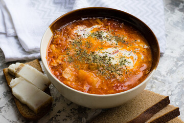 Delicious and aromatic red soup with meat, Ukrainian borscht with sour cream, dill and pieces of lard on bread. Traditional Ukrainian dish, cuisine