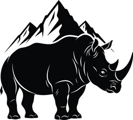 Rhinoceros silhouette with mountains in bold black and white vector design