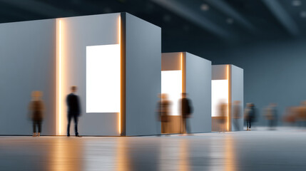 Blurred people walking near illuminated modern exhibition booths with large blank vertical display panels in a spacious gallery