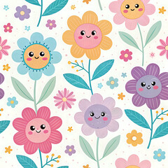 seamless floral pattern, Cute Cartoon Flower Pattern for Kids, Featuring Smiling Blossoms and Rainbow Colors