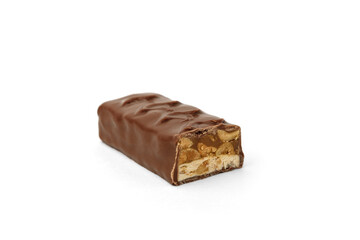 Chocolate bar with nougat, caramel and peanut isolated on white background.