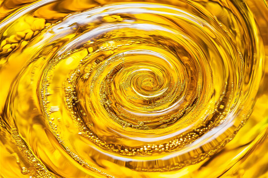 Golden swirling liquid creating abstract circular motion with high shine and fluid texture. The vibrant spiral conveys energy, movement, and a dynamic visual pattern.