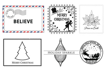 Christmas Holiday Stamps Envelope Ornament Vector Collection