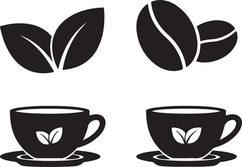 Set of four black icons representing coffee and tea, including coffee beans, tea leaves, and cups