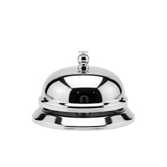 Shiny Silver Metal Service Bell with a Round Base and a Small Handle on Top Isolated on a Clean White Background with Soft Studio Lighting Creating Reflective Highlights on the Surface