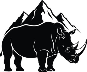 Rhino silhouette with mountain landscape in bold black vector style