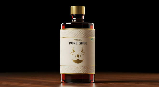 Elegant bottle of dark amber liquid with a gold cap and detailed label on a wooden surface