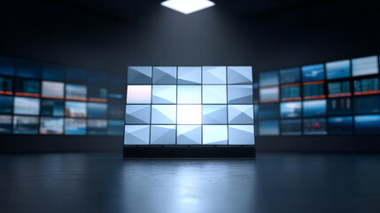 Modern control room with multiple digital display screens showing data and information in a dark high-tech environment