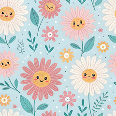 seamless floral pattern, Cute daisy cartoon pattern in pastel colors for kids fabric, seamless floral doodle style