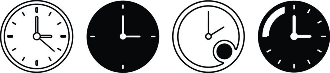 Set of round clock icons in minimal black and white vector style