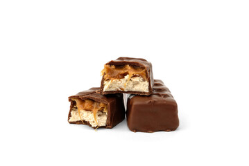 Chocolate bar with nougat, caramel and peanut isolated on white background.