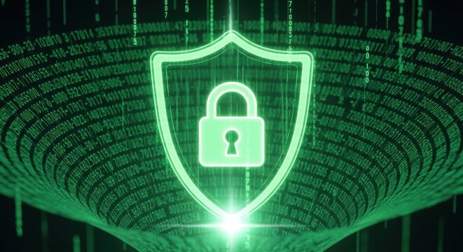 Digital shield with padlock ensures data security and privacy amidst cascading green code depicting network protection