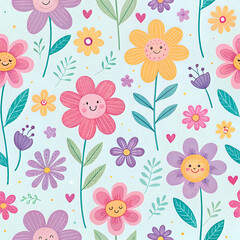 Cute Doodle Flower Pattern in Multicolor Crayon Style for Kids