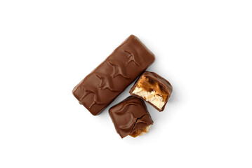 Chocolate bar with nougat, caramel and peanut isolated on white background.