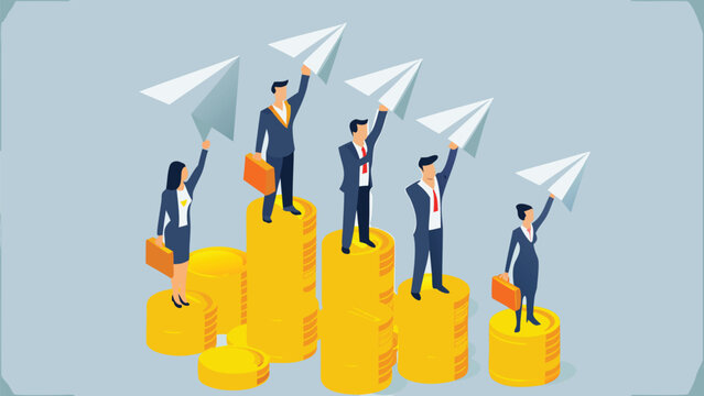 Diverse group of business professionals joyfully launching paper airplanes symbolizing innovation teamwork and creative ideas in a modern office setting