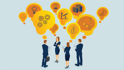 Diverse group of people collaborating with glowing 3d idea bubbles representing creativity innovation and problem solving in a modern business setting