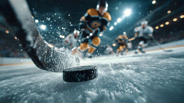 High-speed, low-angle action shot of an ice hockey game, with the puck and a hockey stick in sharp focus, creating a dynamic spray of ice.
