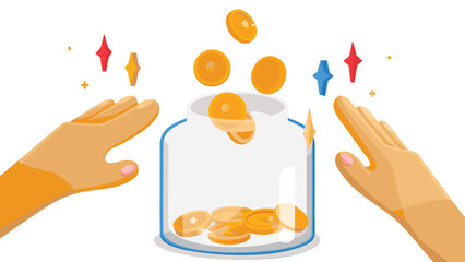 Hands passing glowing coins into a transparent donation box symbolizing generosity charity and financial contributions for a good cause