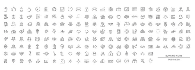 Extensive 200-line vector icon set covering all business concepts, office tasks, and corporate workflows — perfect for digital design, UI kits, presentations, and business illustrations.
